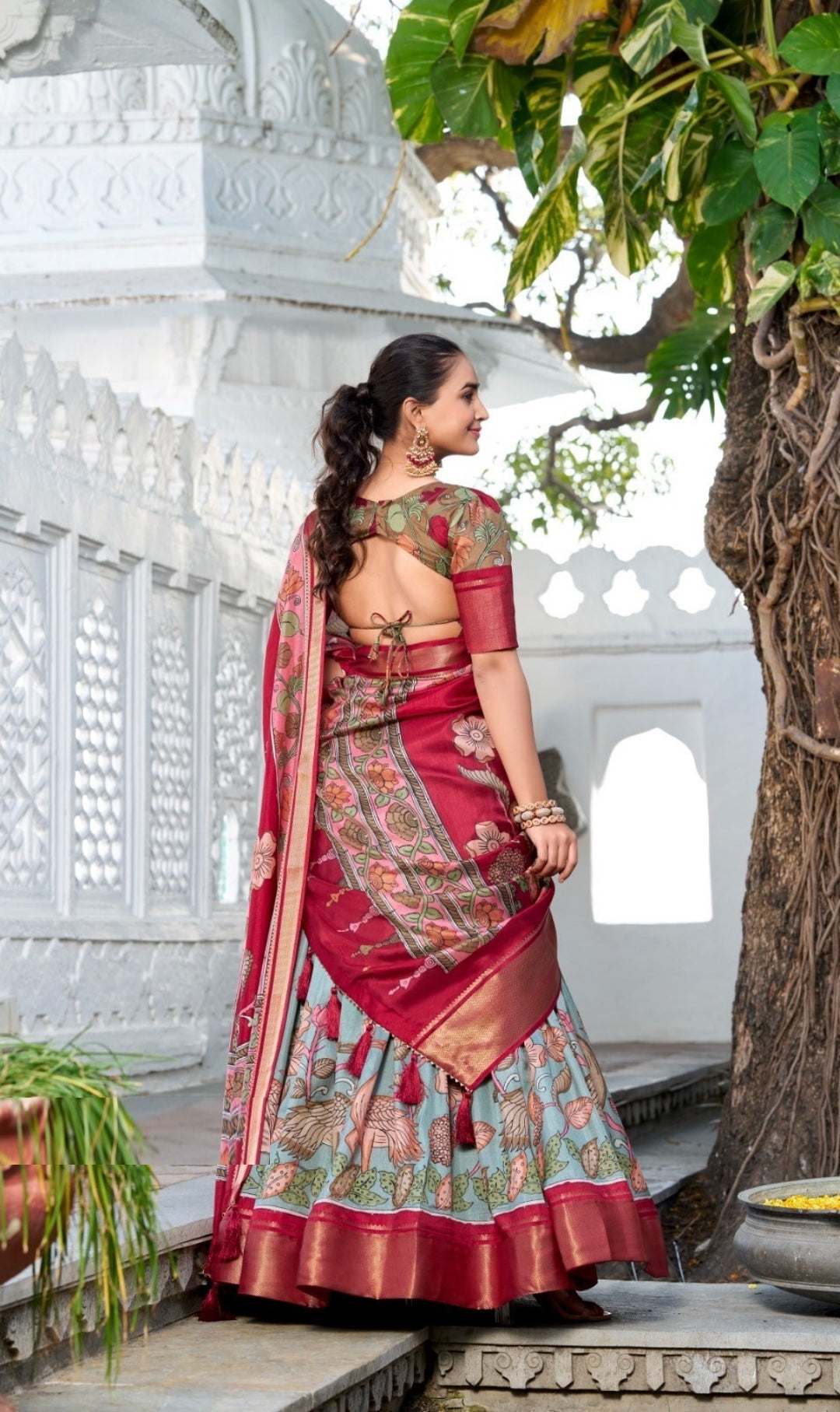 Timeless Sea Green And Maroon Dola Silk Jacquard Floral Print Lehenga