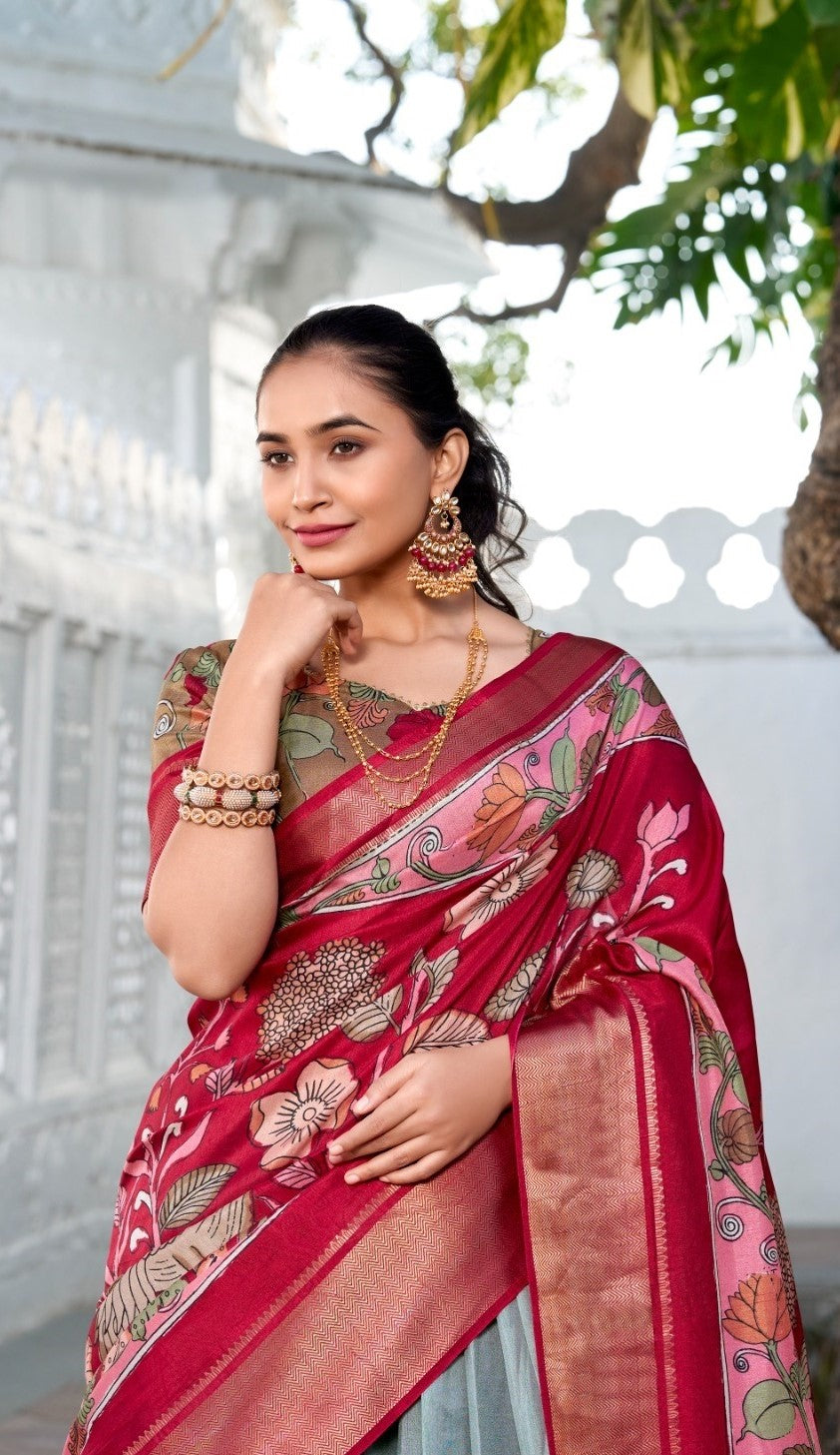 Timeless Sea Green And Maroon Dola Silk Jacquard Floral Print Lehenga