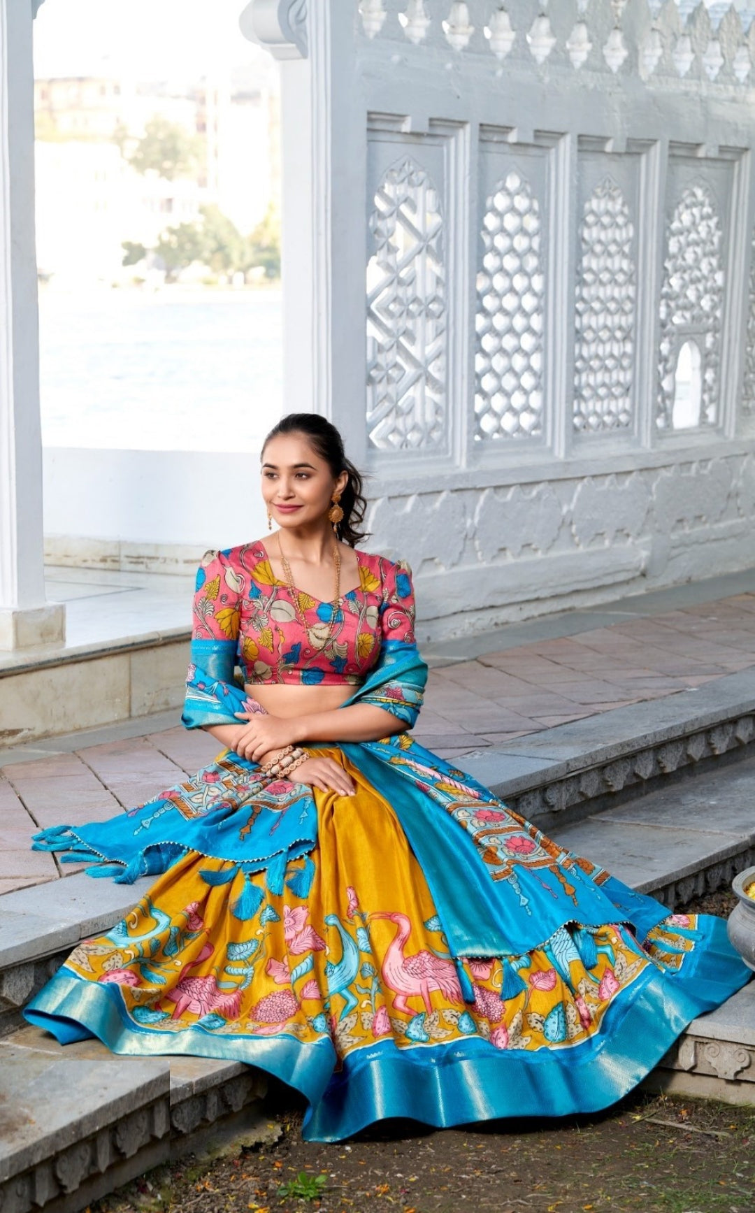 Sophisticated Mustard And Blue Dola Silk Jacquard Floral Print Lehenga