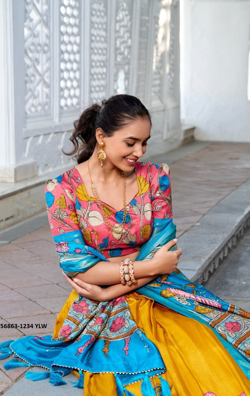 Sophisticated Mustard And Blue Dola Silk Jacquard Floral Print Lehenga