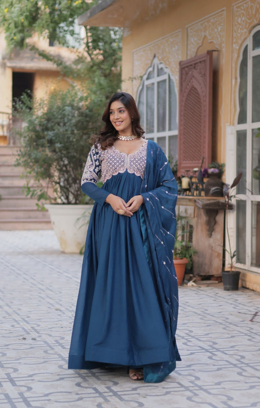 Women Dark Teal Georgette With Embroidery Sequins Work Gown With Dupatta