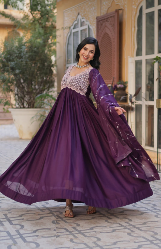 Women Dark Purple Georgette With Embroidery Sequins Work Gown With Dupatta
