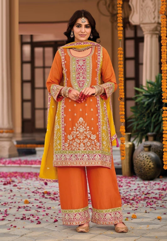 Stylish Orange Heavy Chinon  Palazzo-Bottom Suit Set