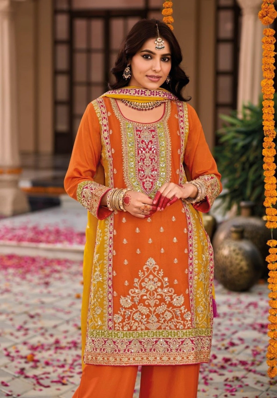 Stylish Orange Heavy Chinon Palazzo-Bottom Suit Set