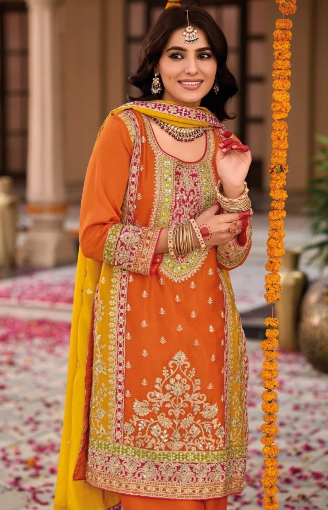 Stylish Orange Heavy Chinon Palazzo-Bottom Suit Set