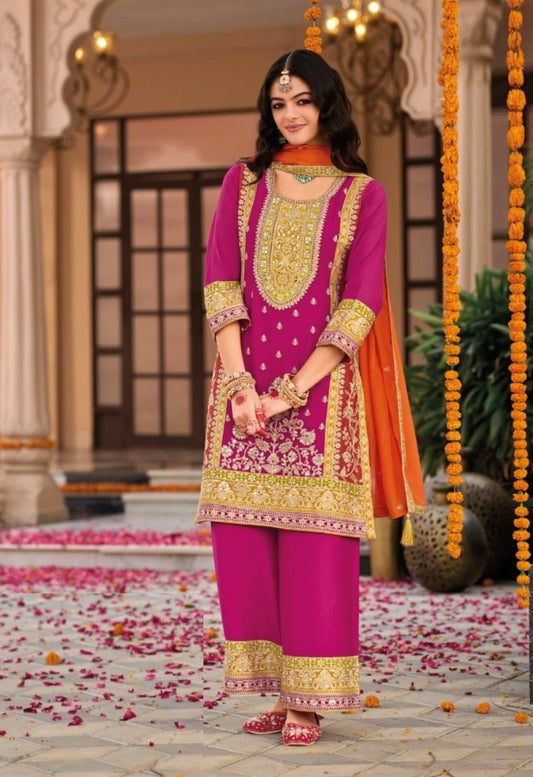 Sleek Pink Heavy Chinon  Palazzo-Bottom Suit Set