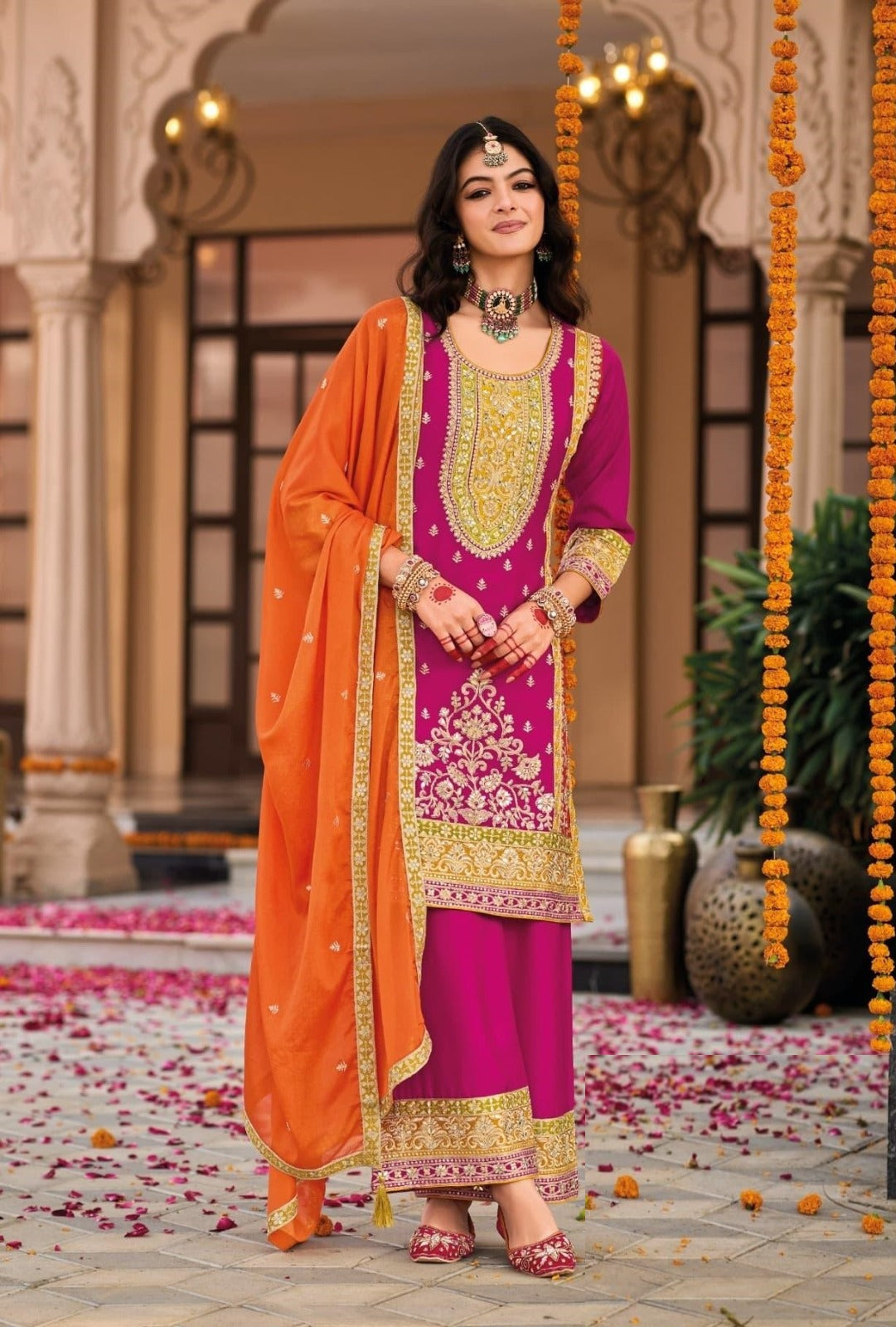 Sleek Pink Heavy Chinon Palazzo-Bottom Suit Set