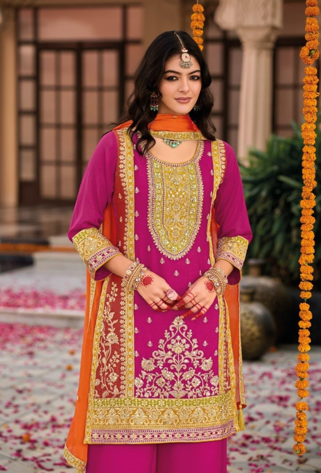 Sleek Pink Heavy Chinon Palazzo-Bottom Suit Set