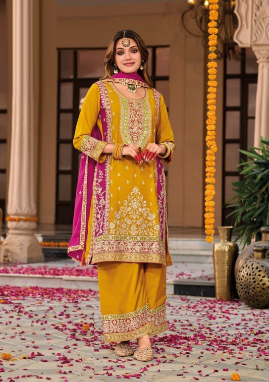 Exquisite Mustard Heavy Chinon  Palazzo-Bottom Suit Set