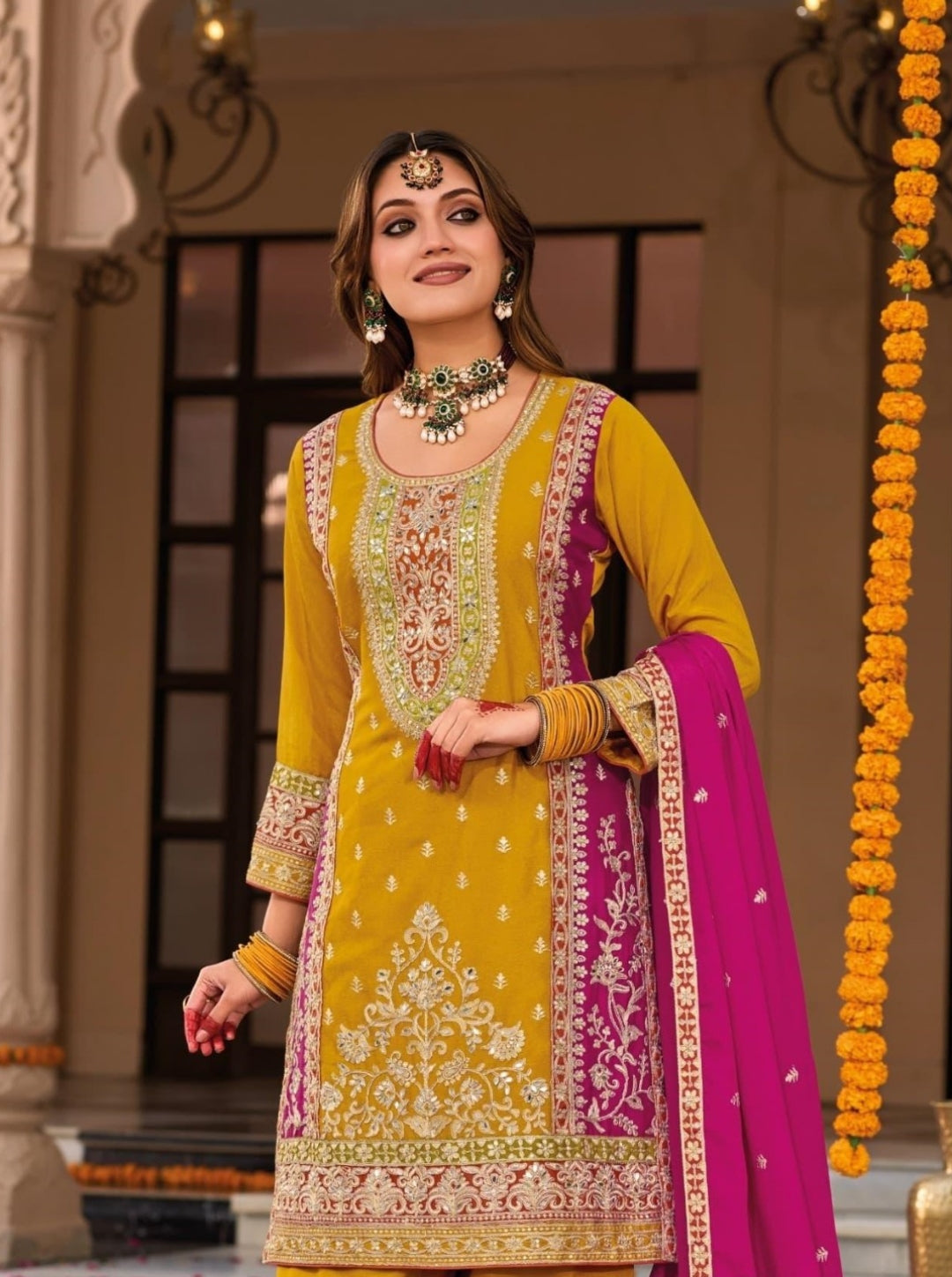 Exquisite Mustard Heavy Chinon Palazzo-Bottom Suit Set