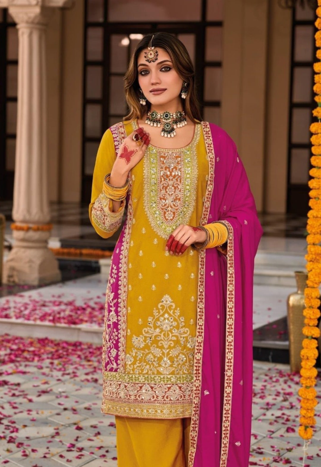 Exquisite Mustard Heavy Chinon Palazzo-Bottom Suit Set