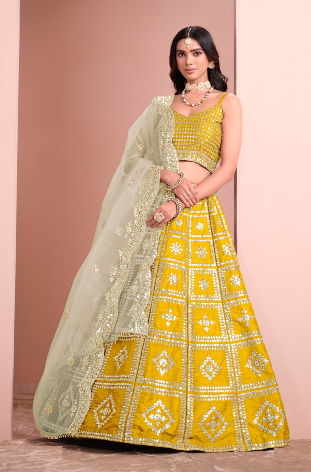 Fantastic Mustard Art Silk Gliterring Lehenga