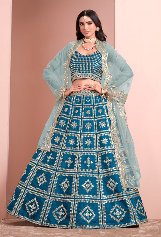 Stunnig Teal Art Silk Gliterring Lehenga