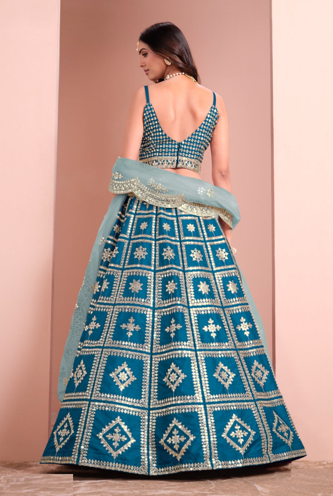 Stunnig Teal Art Silk Gliterring Lehenga