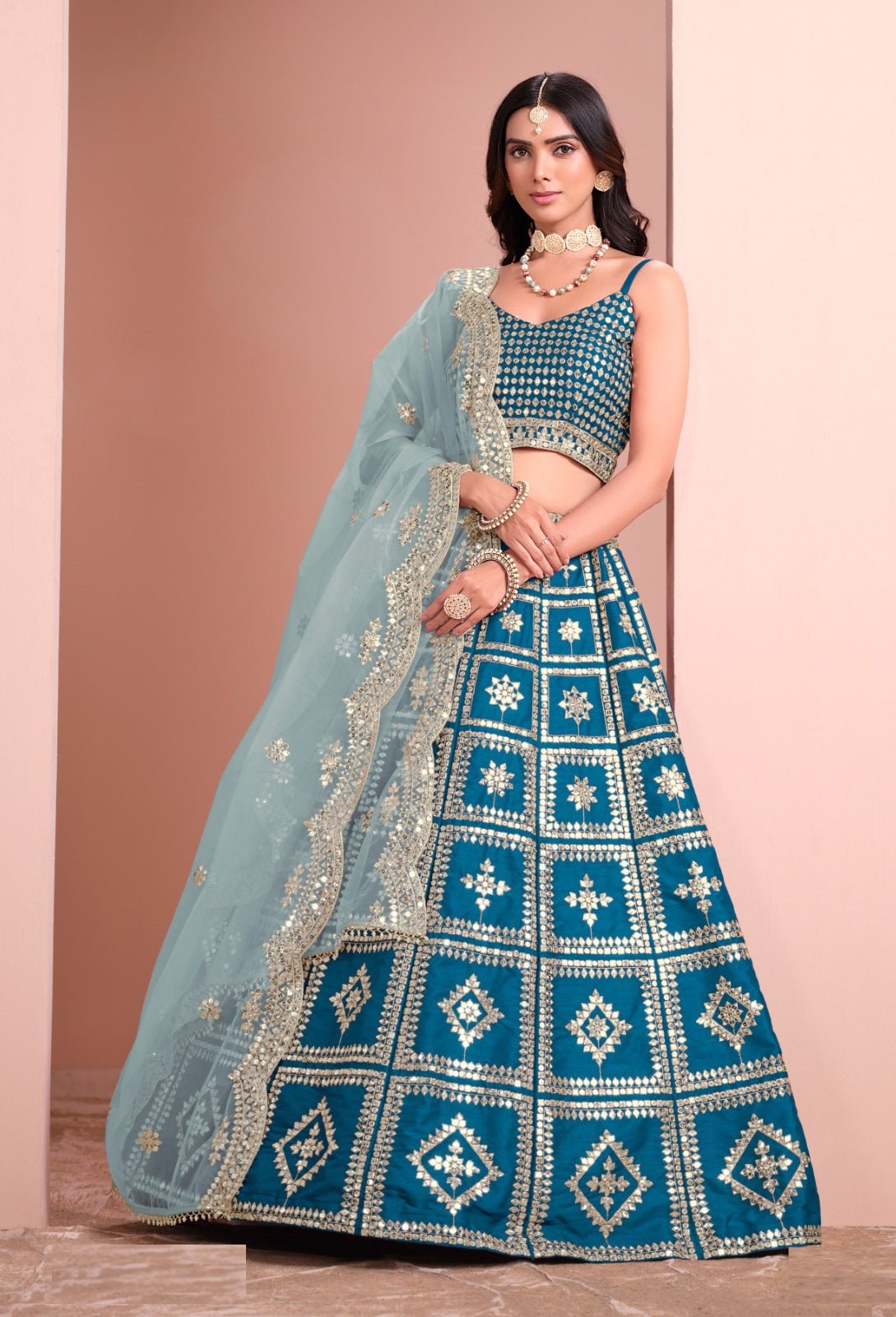 Stunnig Teal Art Silk Gliterring Lehenga