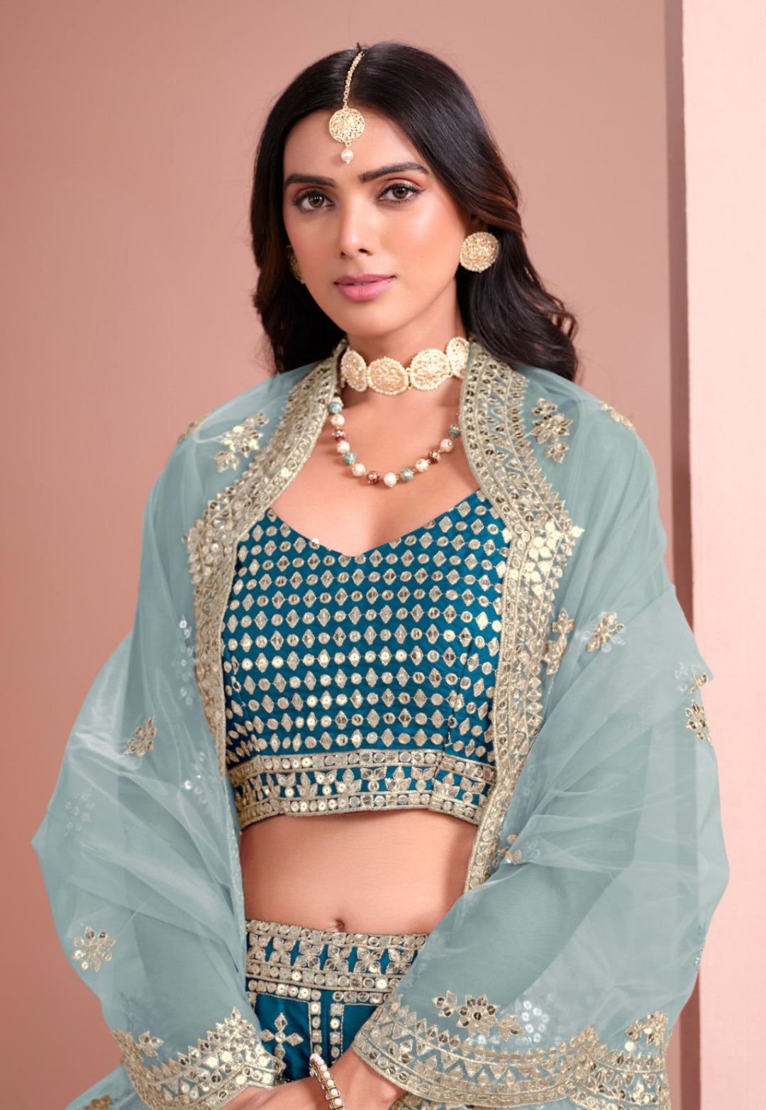 Stunnig Teal Art Silk Gliterring Lehenga