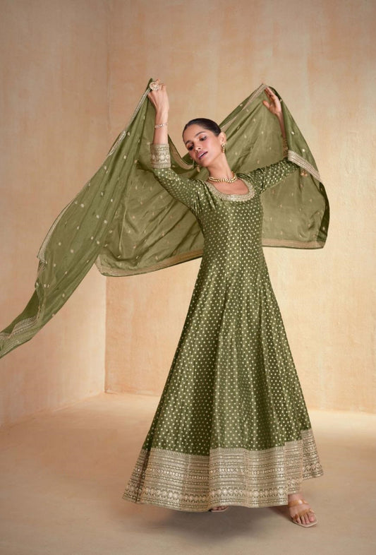 Vibrant Mehendi Green Organza Jacquard Silk Gown With Dupatta