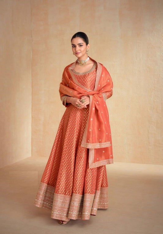 Contemporary Rust Organza Jacquard Silk Gown With Dupatta