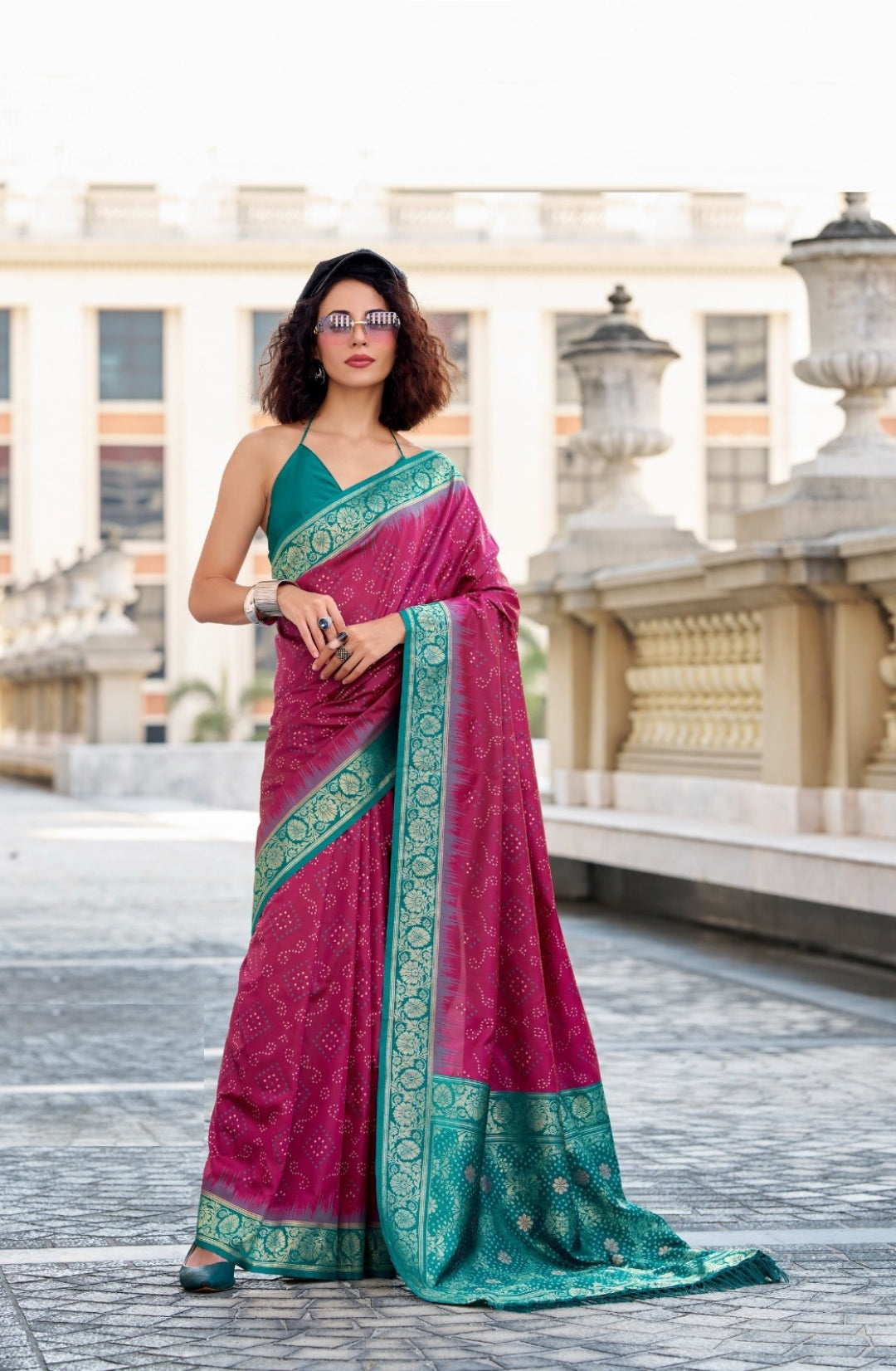 Women Burgundy And Teal Soft Silk With Ikkat Bandhani Saree
