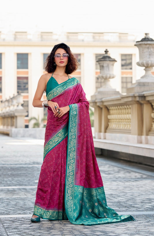 Women Burgundy And Teal Soft Silk With Ikkat Bandhani Saree