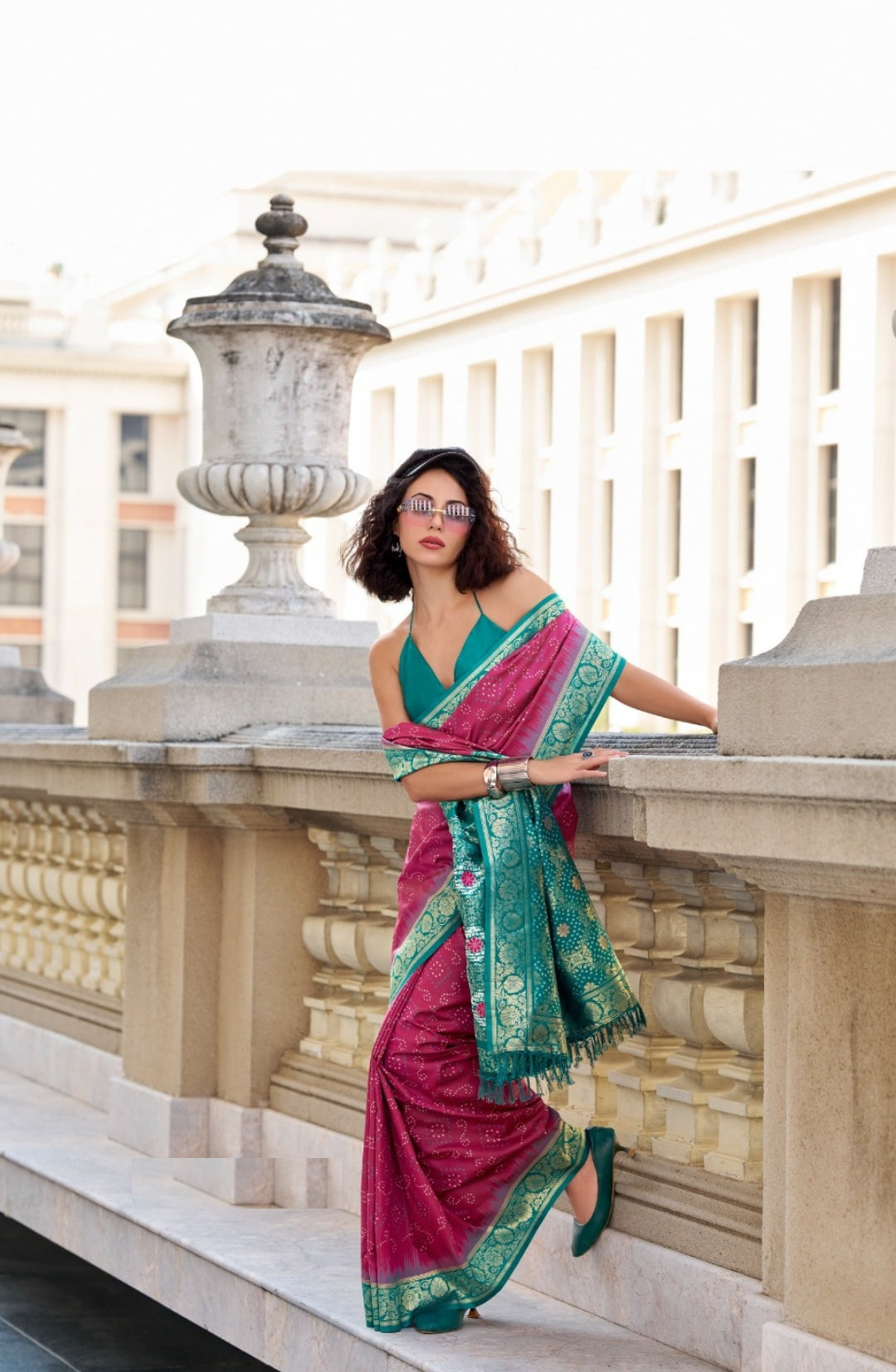 Women Burgundy And Teal Soft Silk With Ikkat Bandhani Saree