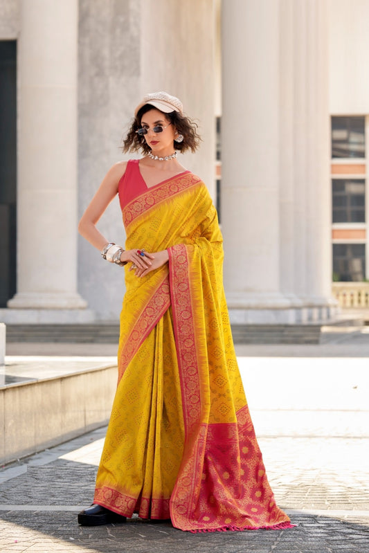 Women Mustard And Coral Soft Silk With Ikkat Bandhani Saree