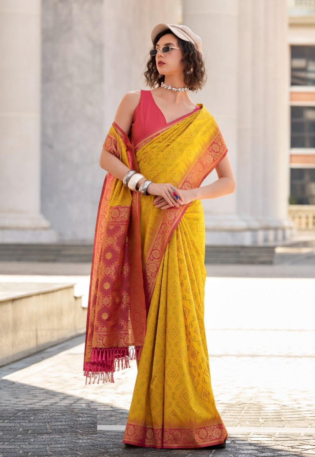 Women Mustard And Coral Soft Silk With Ikkat Bandhani Saree