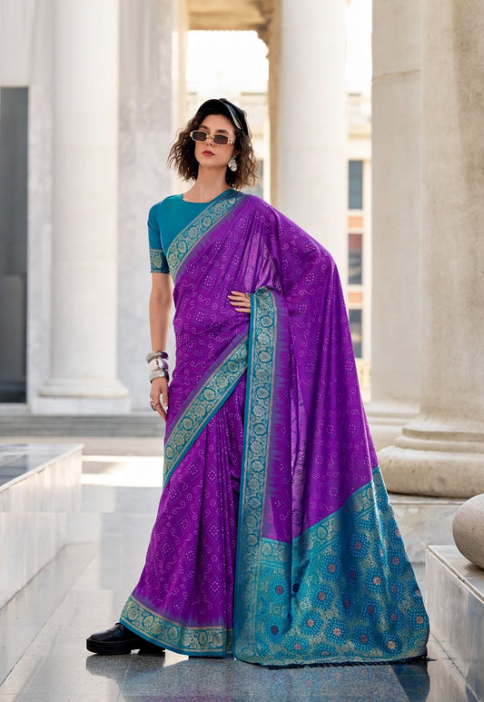Women Purple And Teal Soft Silk With Ikkat Bandhani Saree