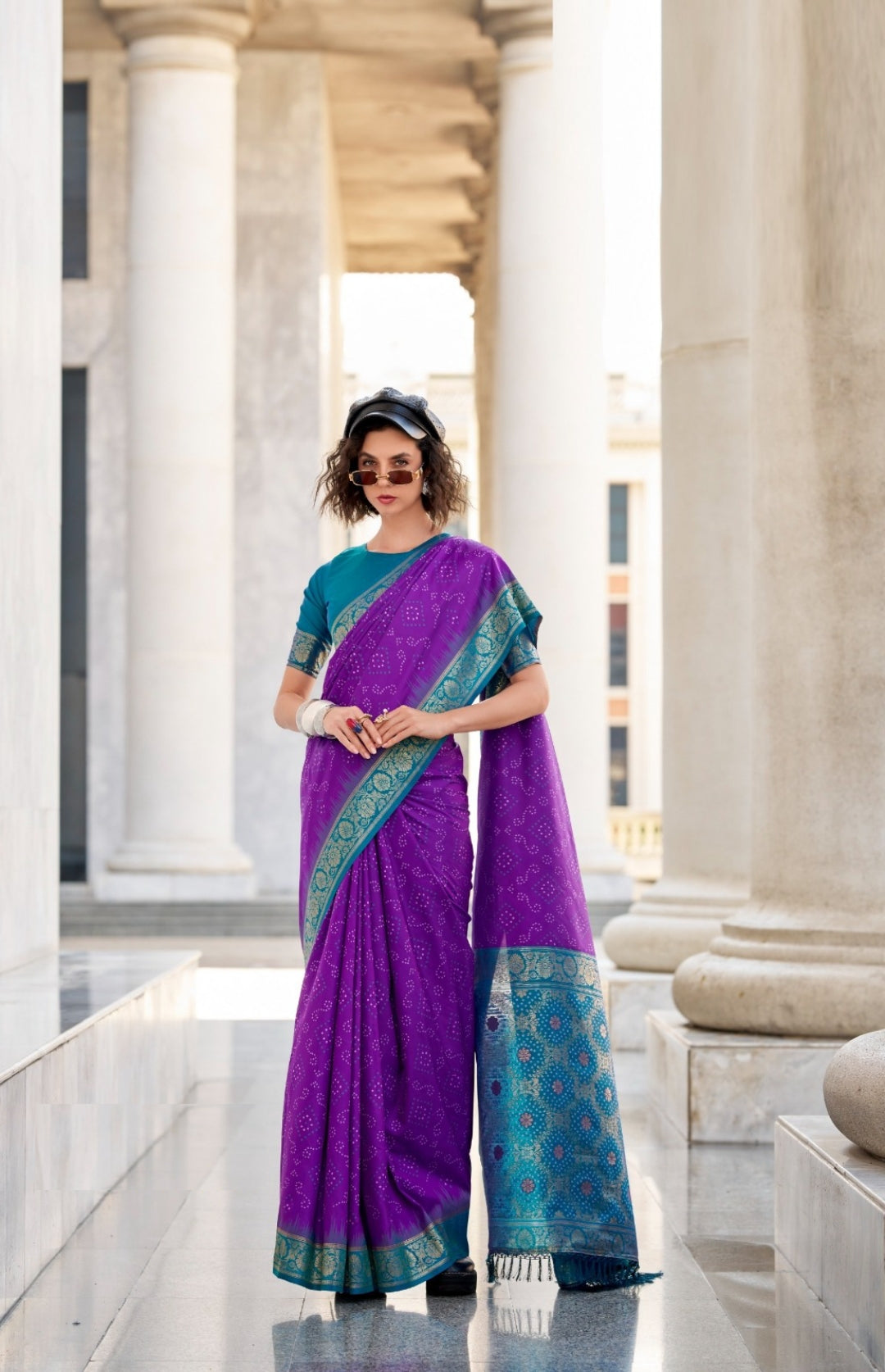 Women Purple And Teal Soft Silk With Ikkat Bandhani Saree