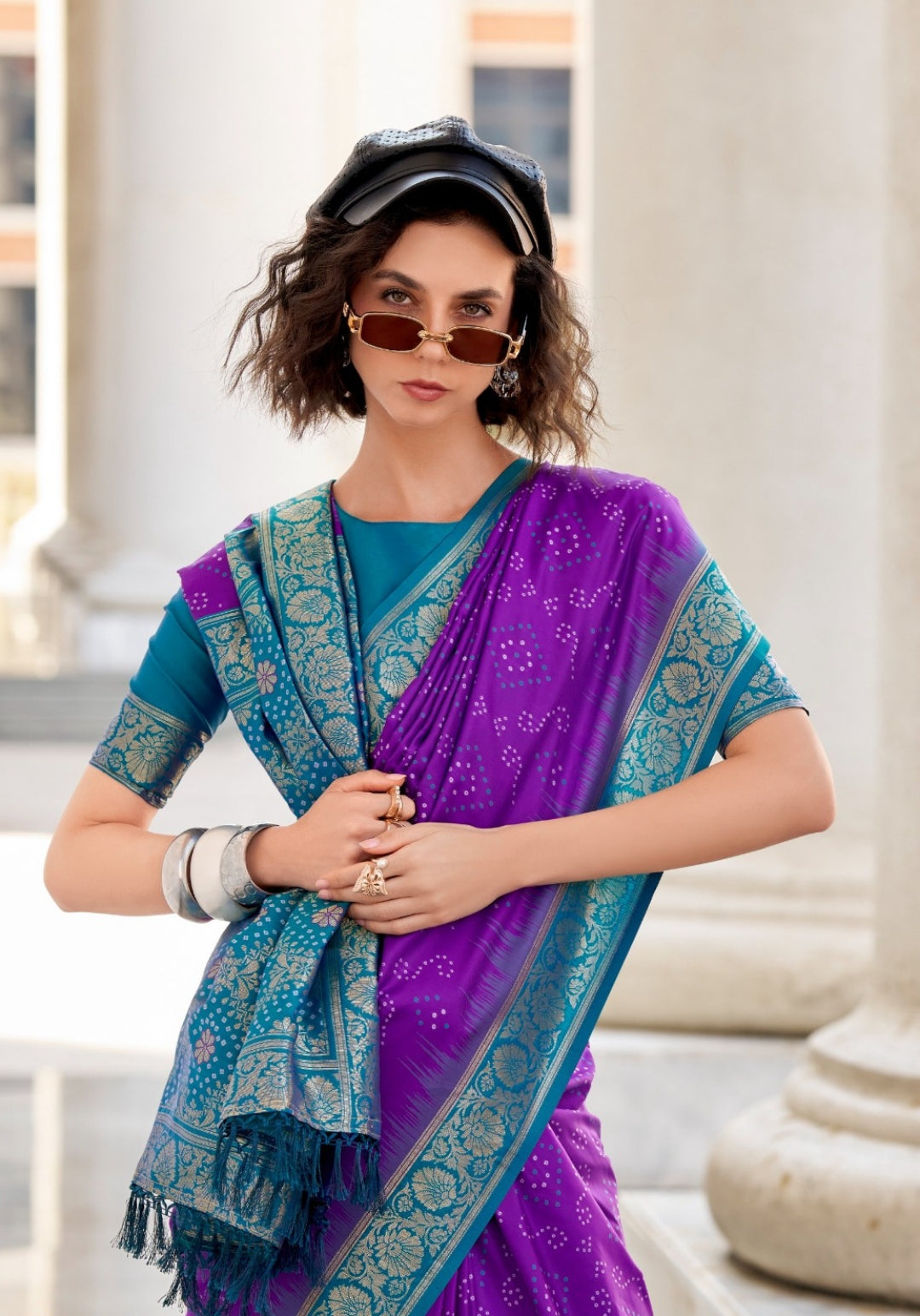 Women Purple And Teal Soft Silk With Ikkat Bandhani Saree