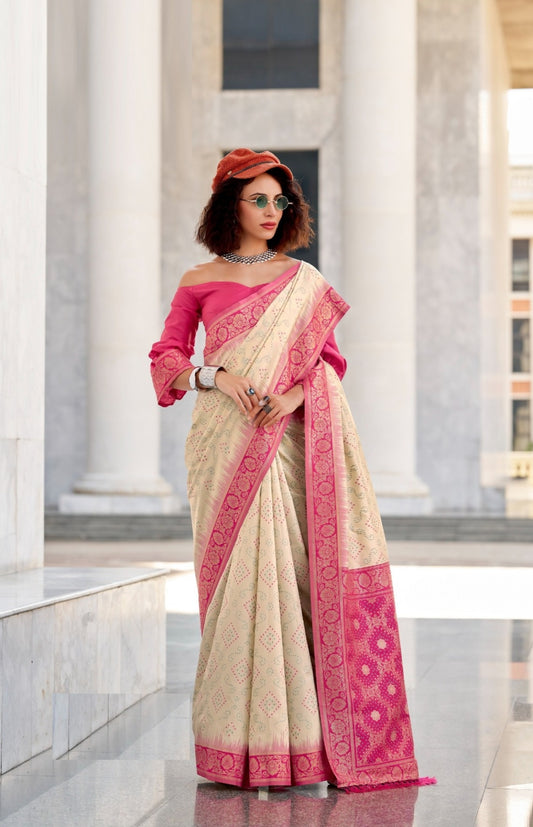 Women Off White And Pink Soft Silk With Ikkat Bandhani Saree