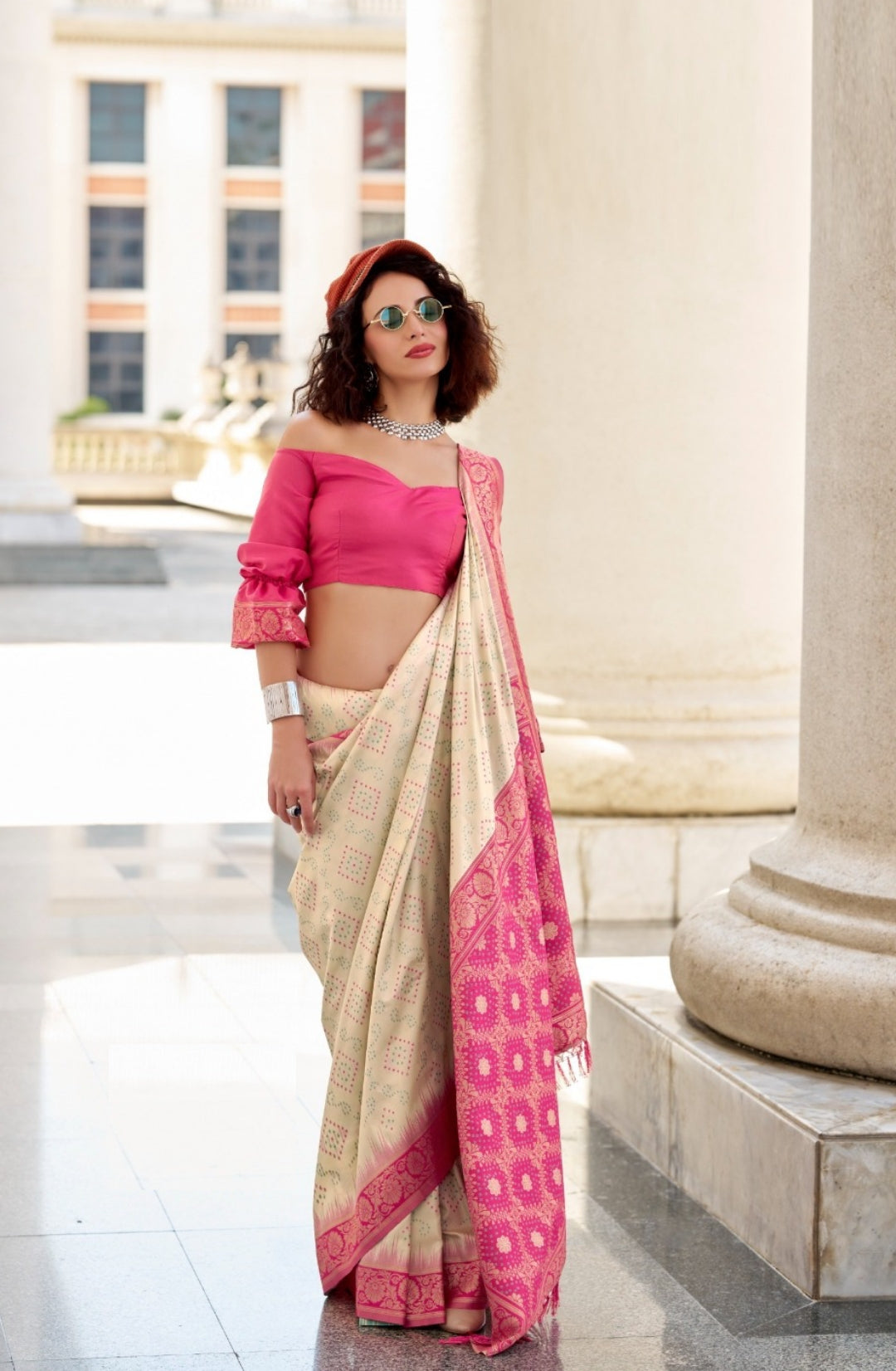 Women Off White And Pink Soft Silk With Ikkat Bandhani Saree