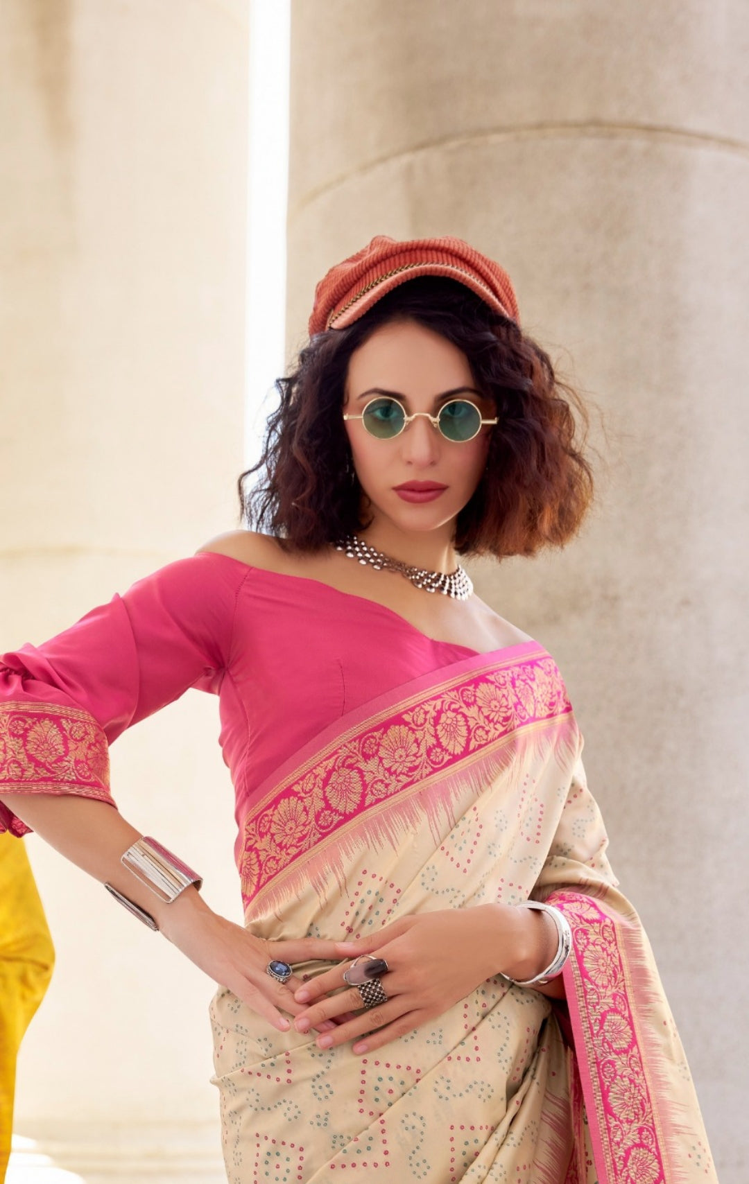 Women Off White And Pink Soft Silk With Ikkat Bandhani Saree