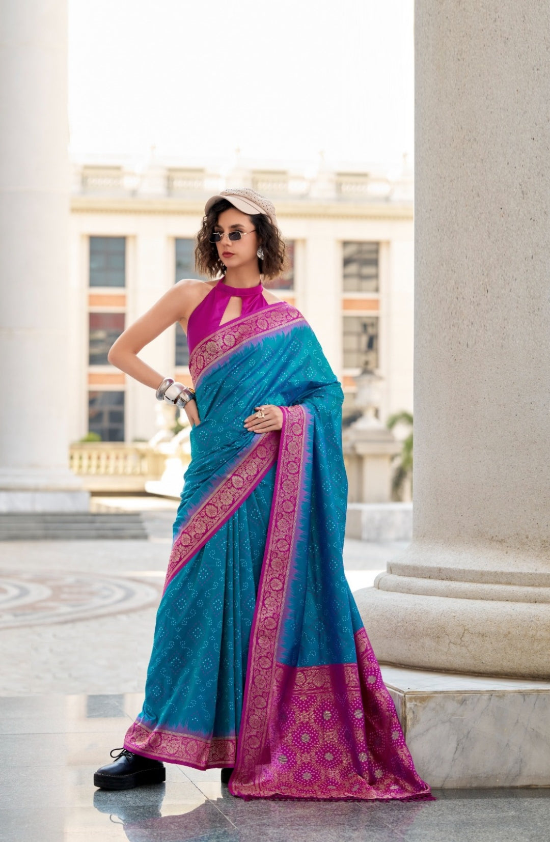 Women Teal And Purple Soft Silk With Ikkat Bandhani Saree