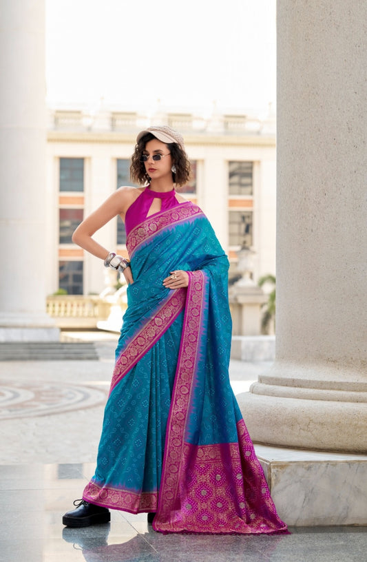 Women Teal And Purple Soft Silk With Ikkat Bandhani Saree
