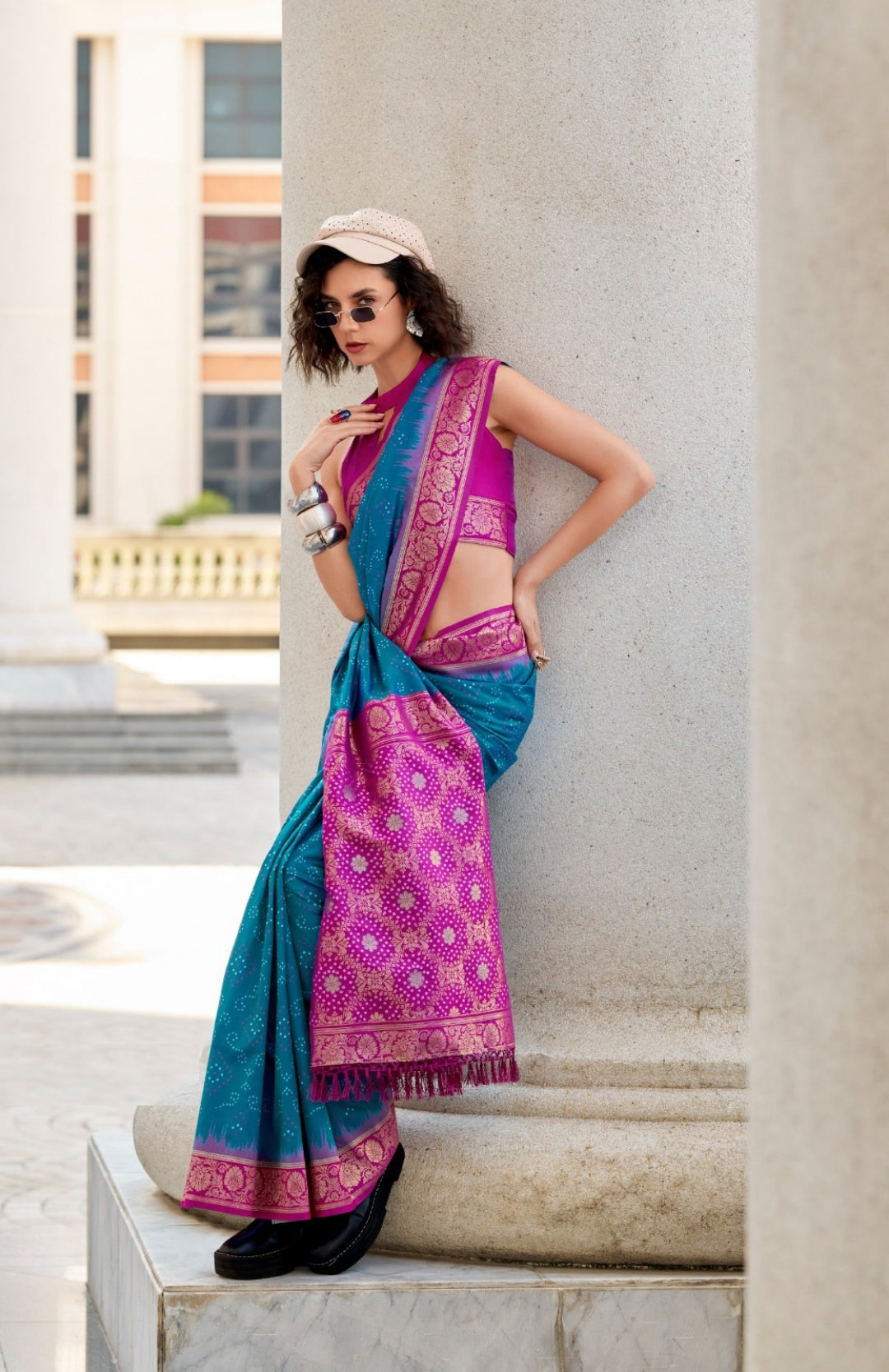 Women Teal And Purple Soft Silk With Ikkat Bandhani Saree