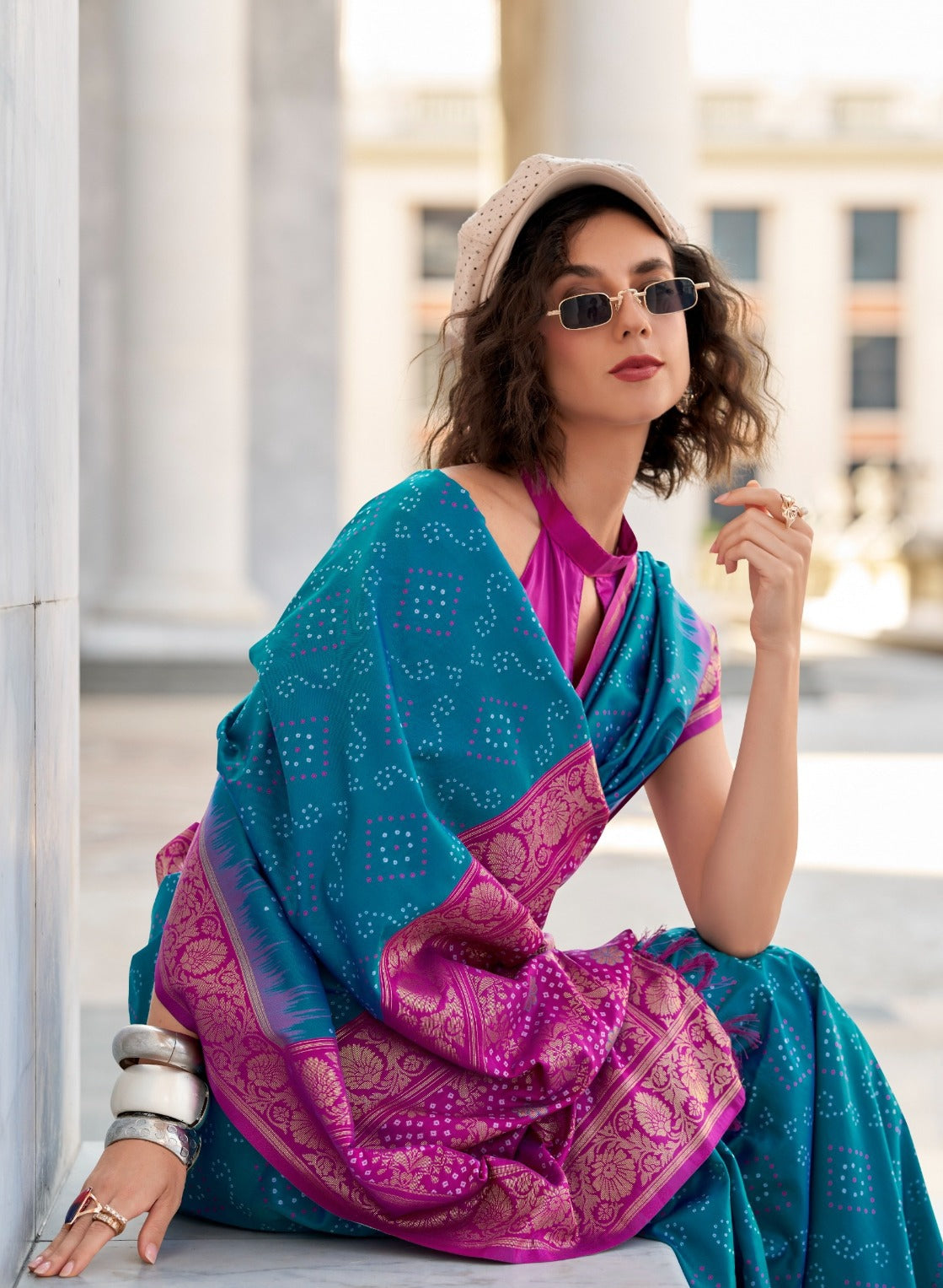 Women Teal And Purple Soft Silk With Ikkat Bandhani Saree