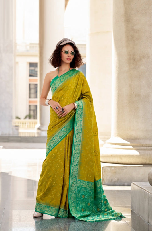Women Mustard And Rama Green Soft Silk With Ikkat Bandhani Saree