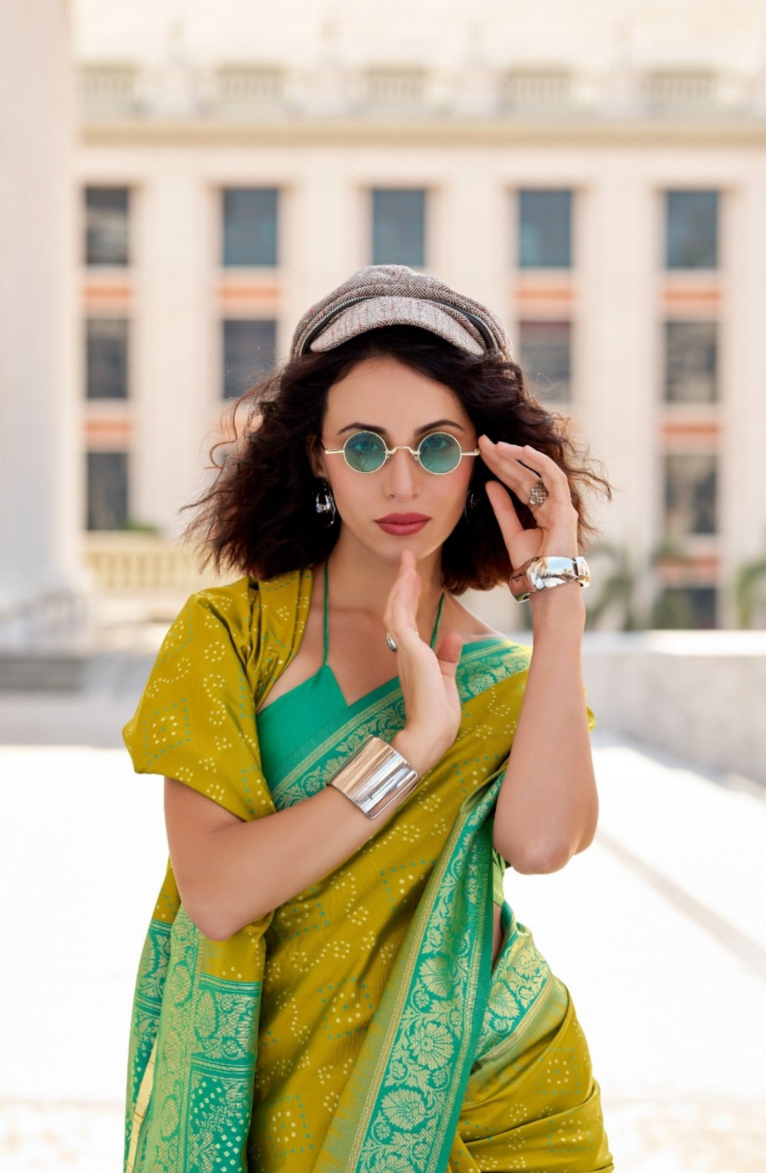 Women Mustard And Rama Green Soft Silk With Ikkat Bandhani Saree
