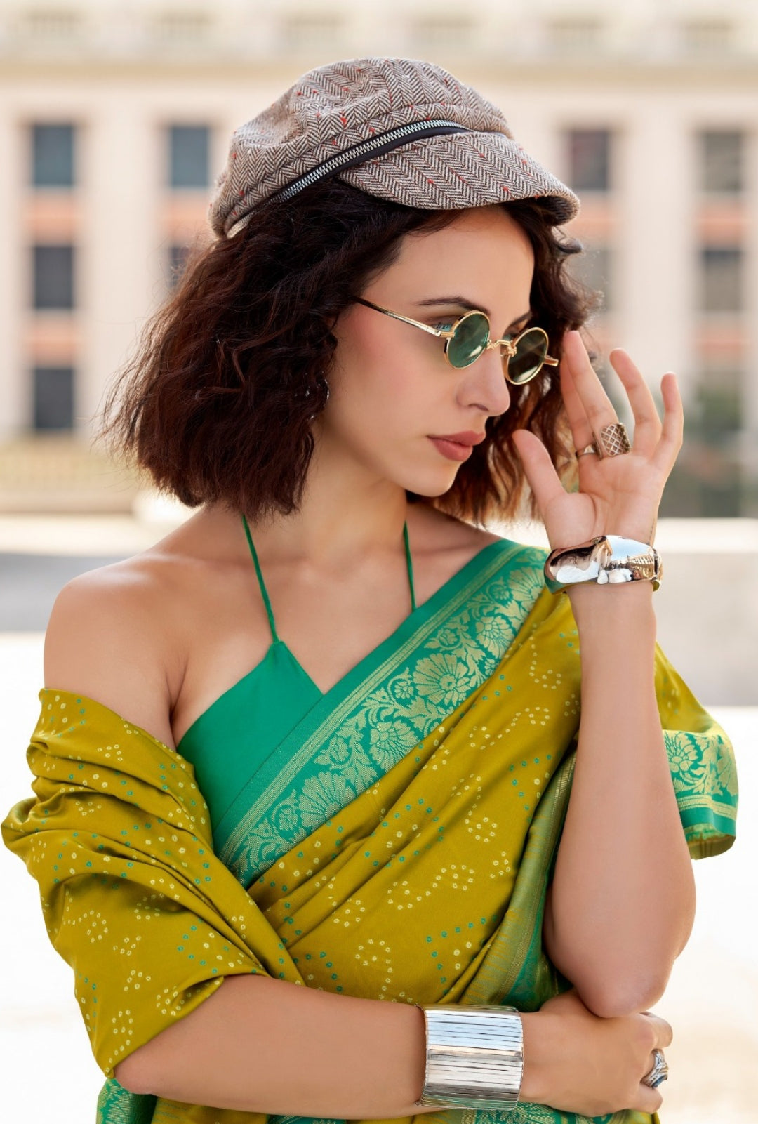 Women Mustard And Rama Green Soft Silk With Ikkat Bandhani Saree