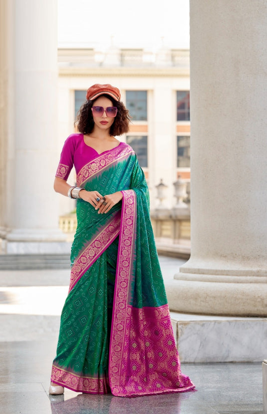 Women Green And Purple Soft Silk With Ikkat Bandhani Saree
