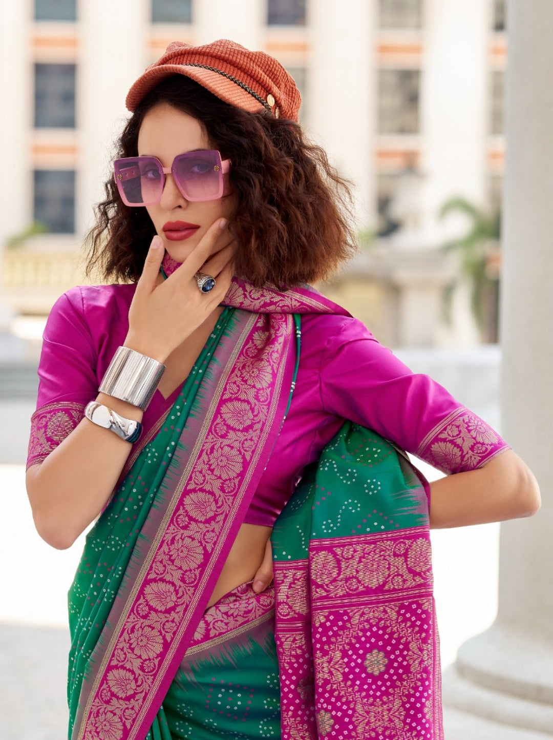 Women Green And Purple Soft Silk With Ikkat Bandhani Saree