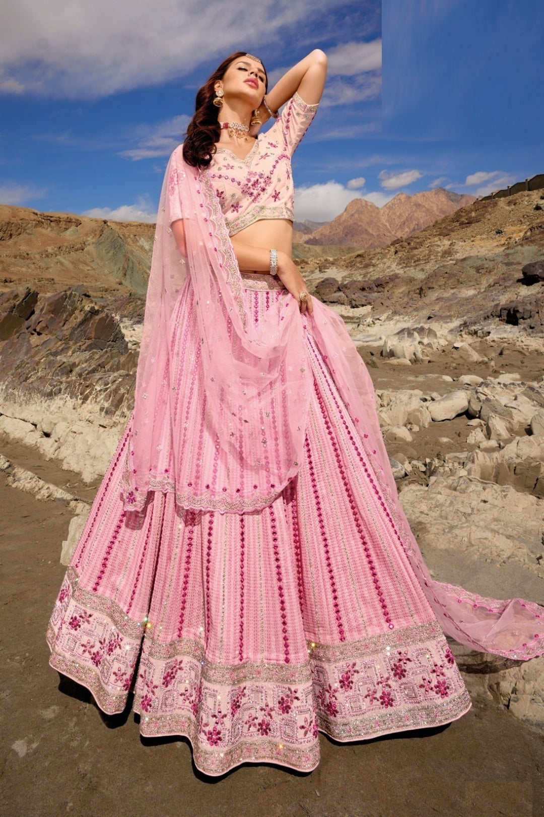 Magnificent Baby Pink Pure Georgette Bridal Lehenga