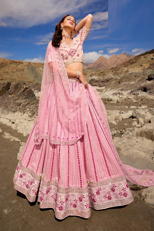 Magnificent Baby Pink Pure Georgette Bridal Lehenga