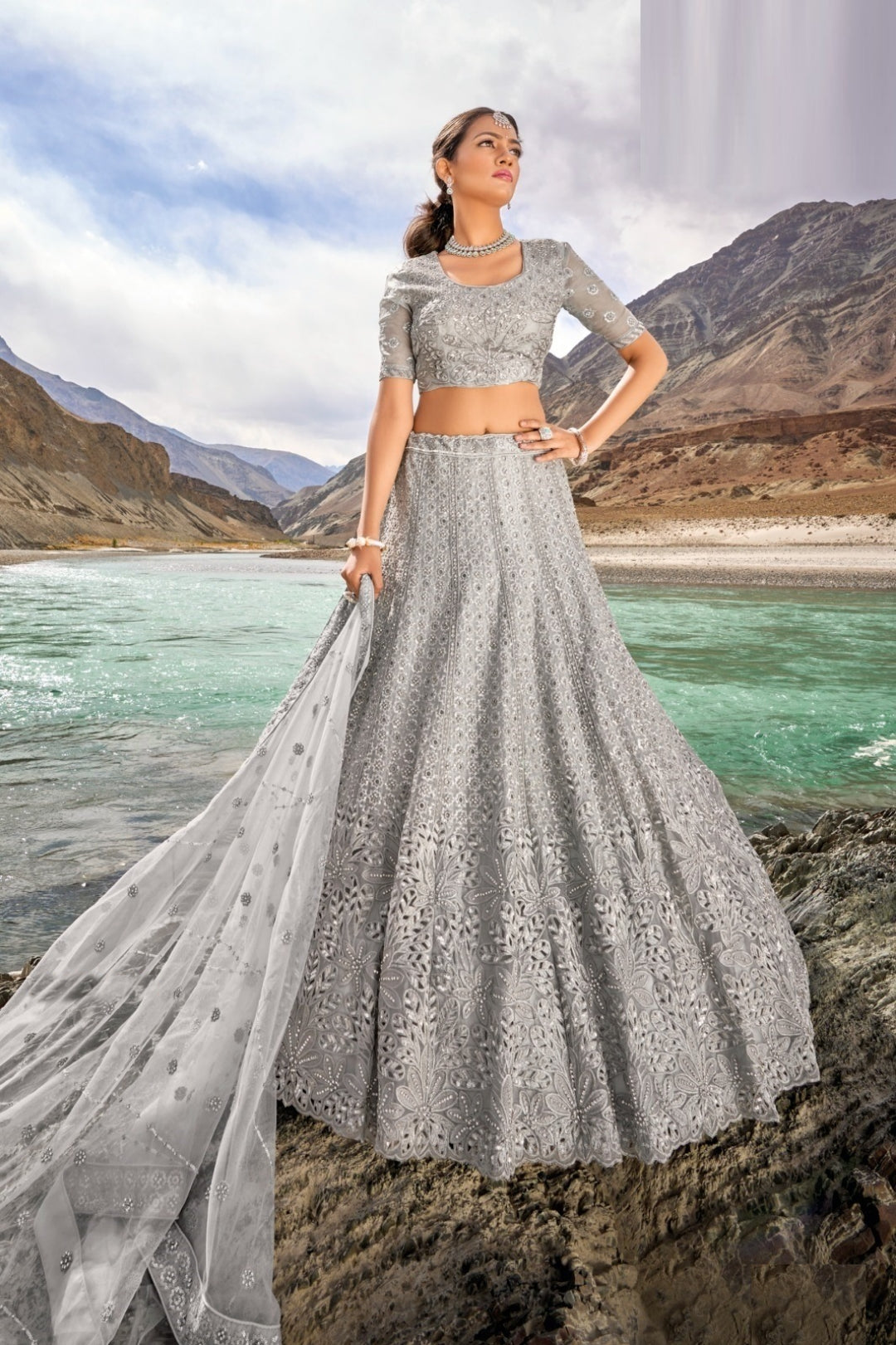 Chic Grey Pure Organza Bridal Lehenga