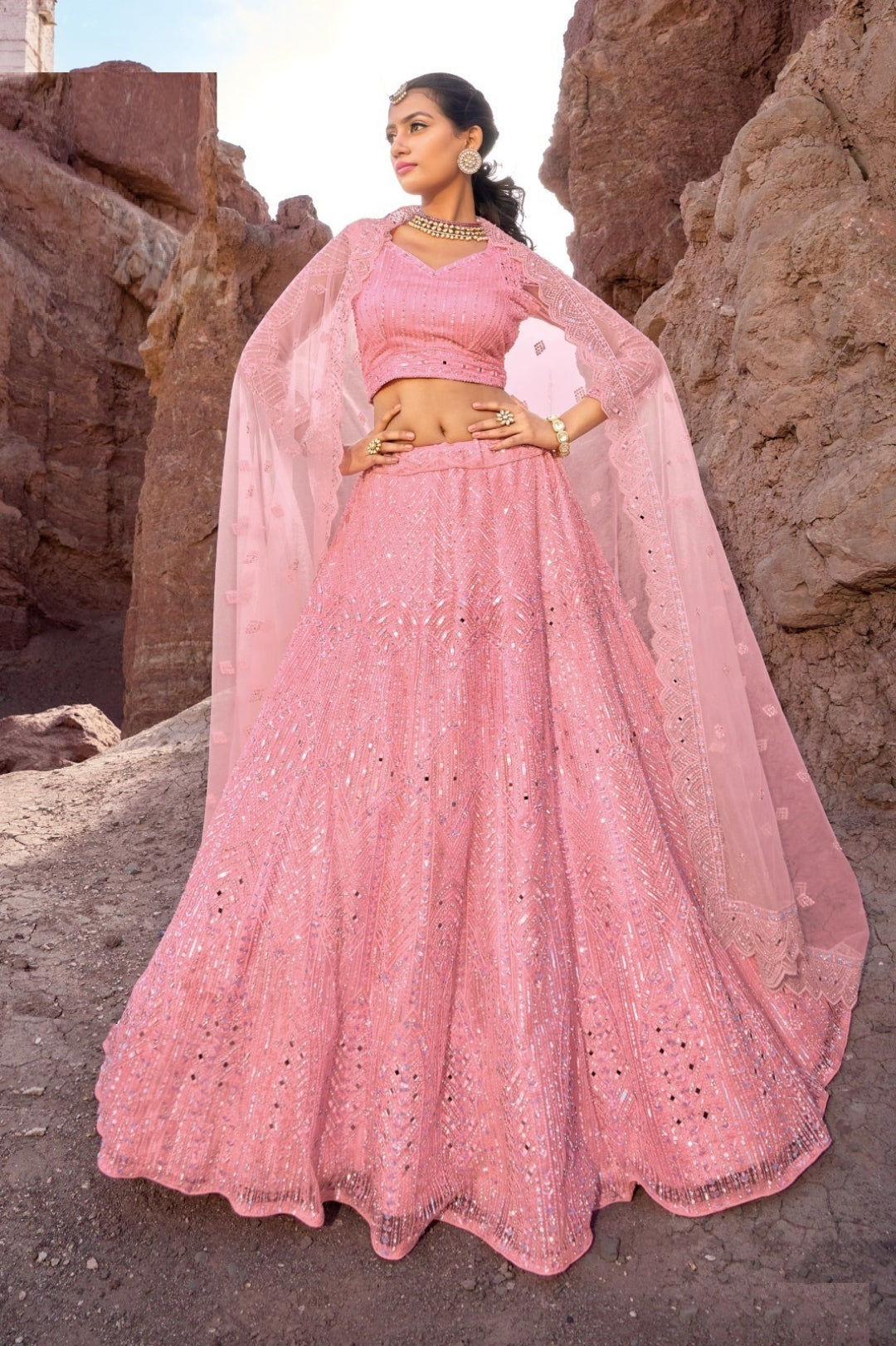 Elegant Light Pink Pure Net Bridal Lehenga