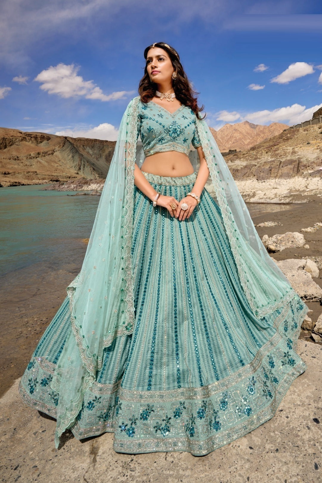 Timeless Sea Blue Pure Georgette Bridal Lehenga