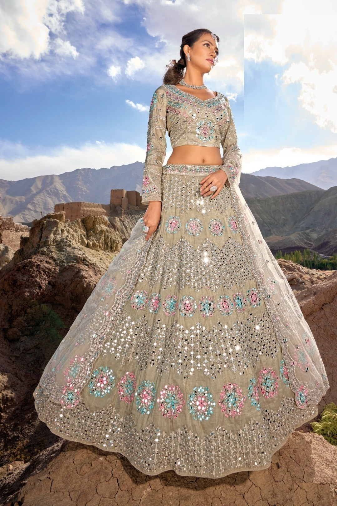 Sophisticated Beige Pure Organza Bridal Lehenga