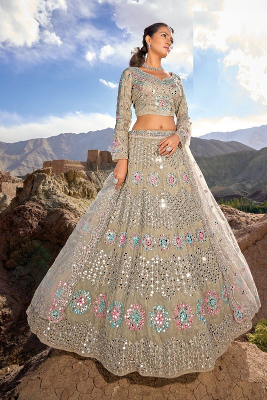 Sophisticated Beige Pure Organza Bridal Lehenga