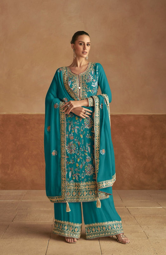 Understated Teal Chinon  Palazzo-Bottom Suit Set